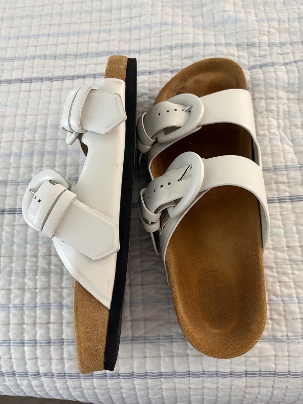 M. Gemi White Leather Buckle Sandals with Tan Suede Footbed - Picture 2 of 3
